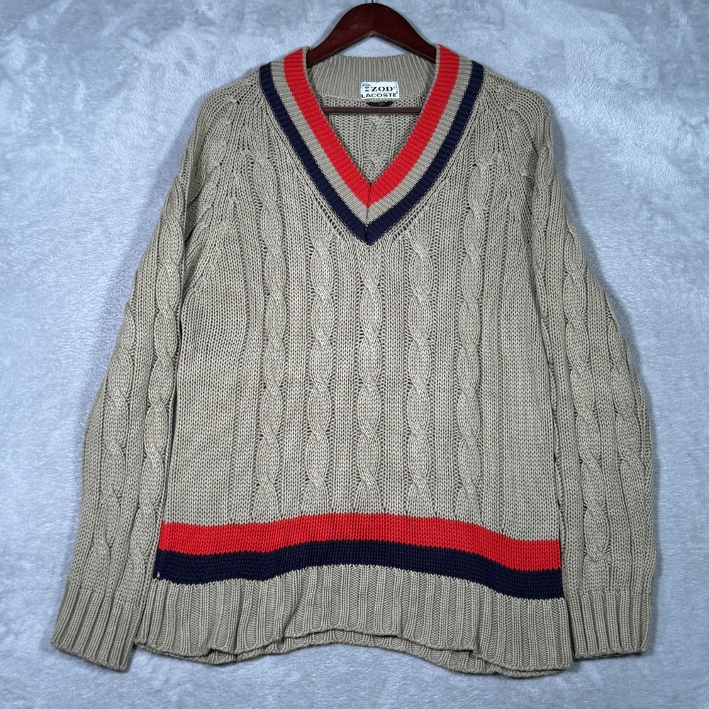 Vintage‎ Izod Lacoste Sweater Mens M Tan Cable Knit V Neck Tennis 80s Cricket